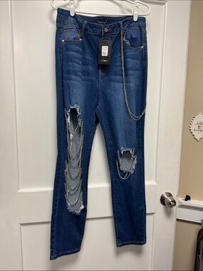 Fashion Nova Dark Blue Distressed Skinny Jeans with Chain Drapes